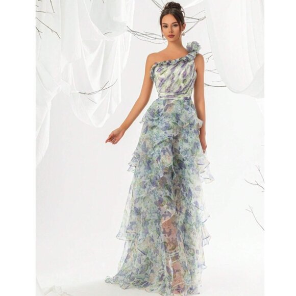 ANEWSTA Dresses & Skirts - ANEWSTA Women Floral Print One Shoulder Ruffle Trim Petal Hem Evening Gown NWT